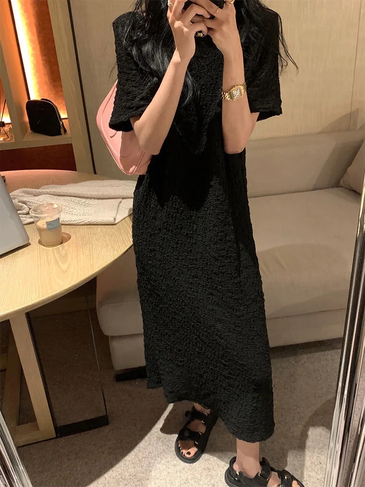 Korean Lifestyle - Vestido midi plisado de manga corta,